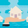 Houses on a flood plain, with a hand raising up the house in the foreground. A metaphor regarding home insurance and flood protection.