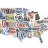 USA map with states - pictorial geographical poster of America, hand drawn lettering design for wall decoration, travel guide, print. Unique creative typography vector illustration.