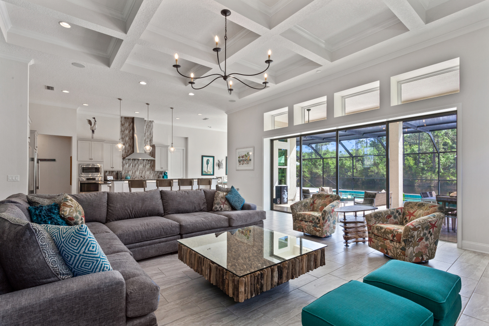 Livingroom and pool view of a Florida home in Fernandina Beach